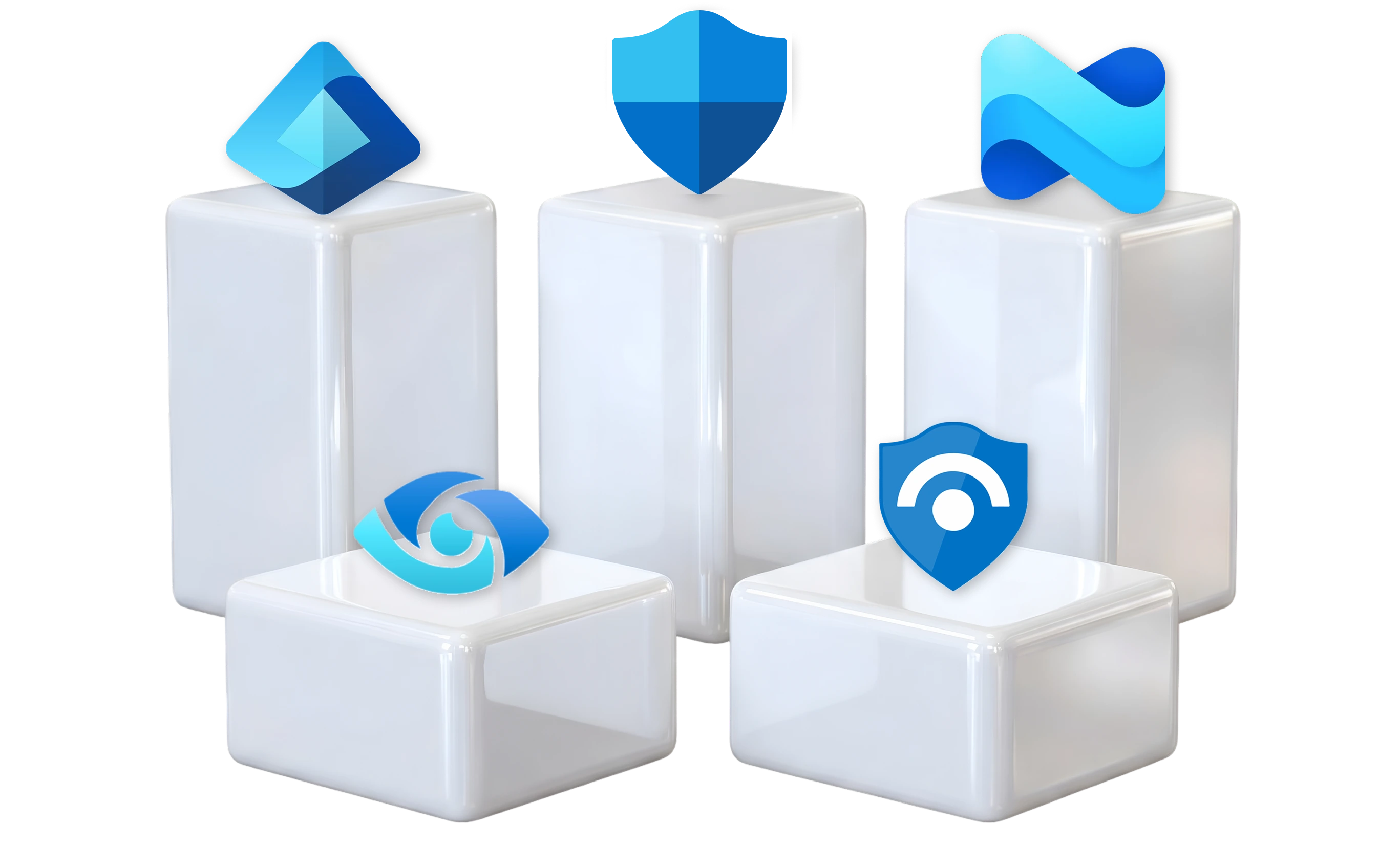 Five white, glossy rectangular pedestals arranged in two rows with five different blue tech logos on and above them.