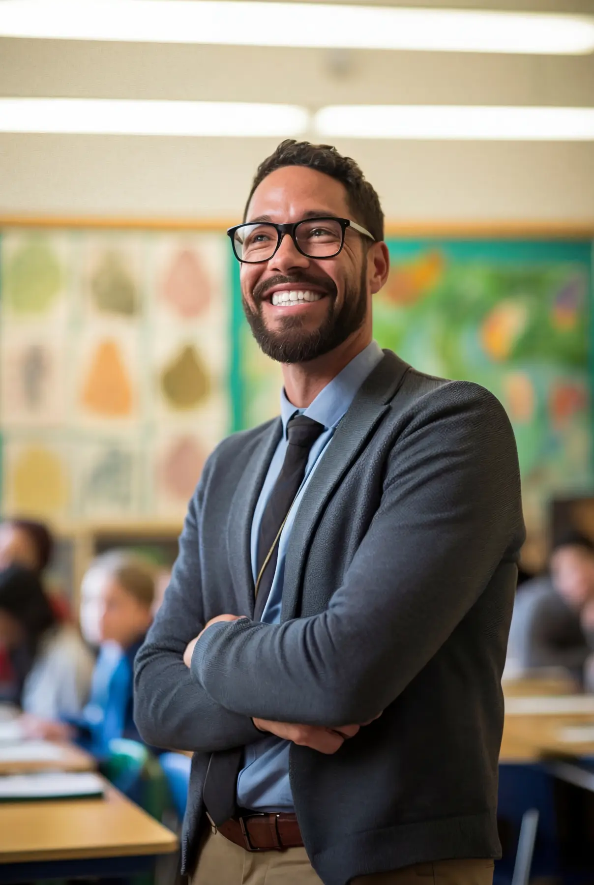Smiling male teacher wearing glasses and a suit with crossed arms in a classroom.