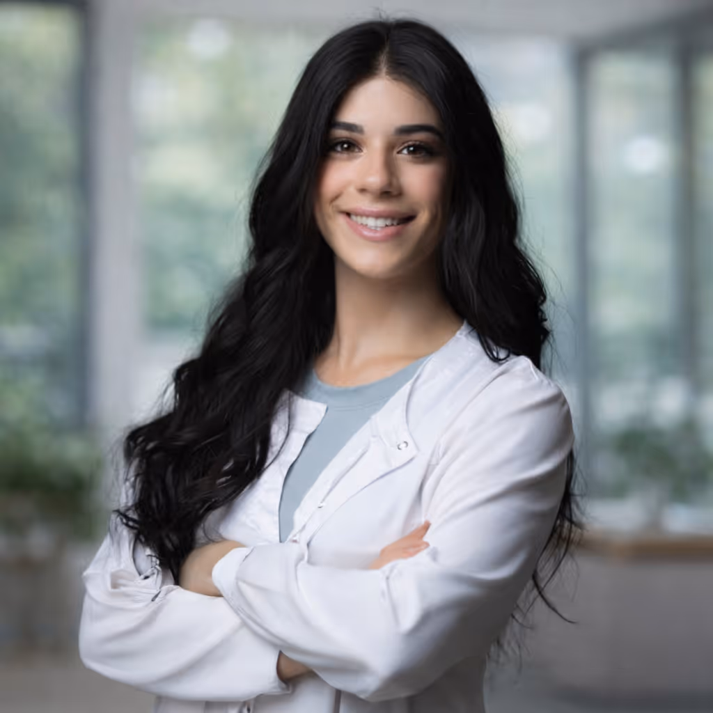 Smiling young woman with long dark hair wearing a white lab coat and gray shirt, standing with arms crossed.