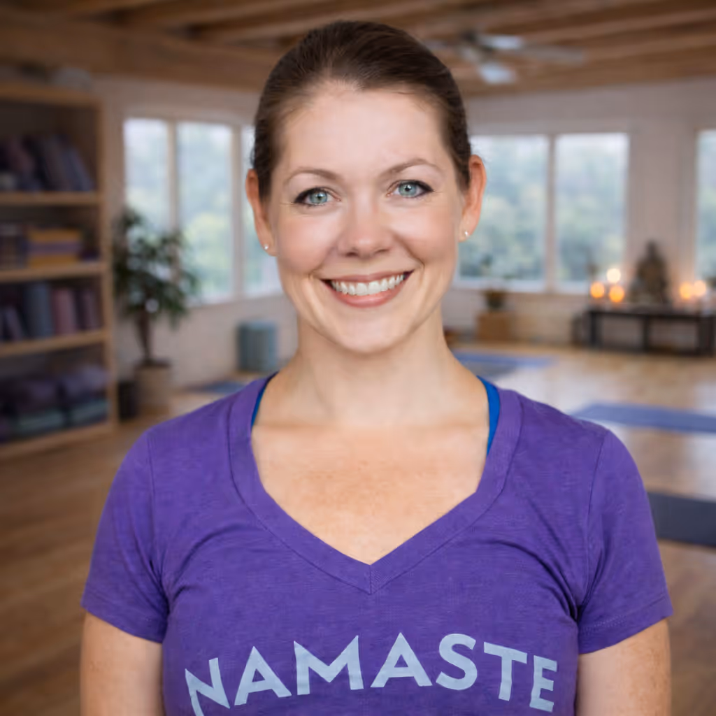 Smiling woman with blue eyes wearing a purple 'NAMASTE' shirt in a sunlit yoga studio.