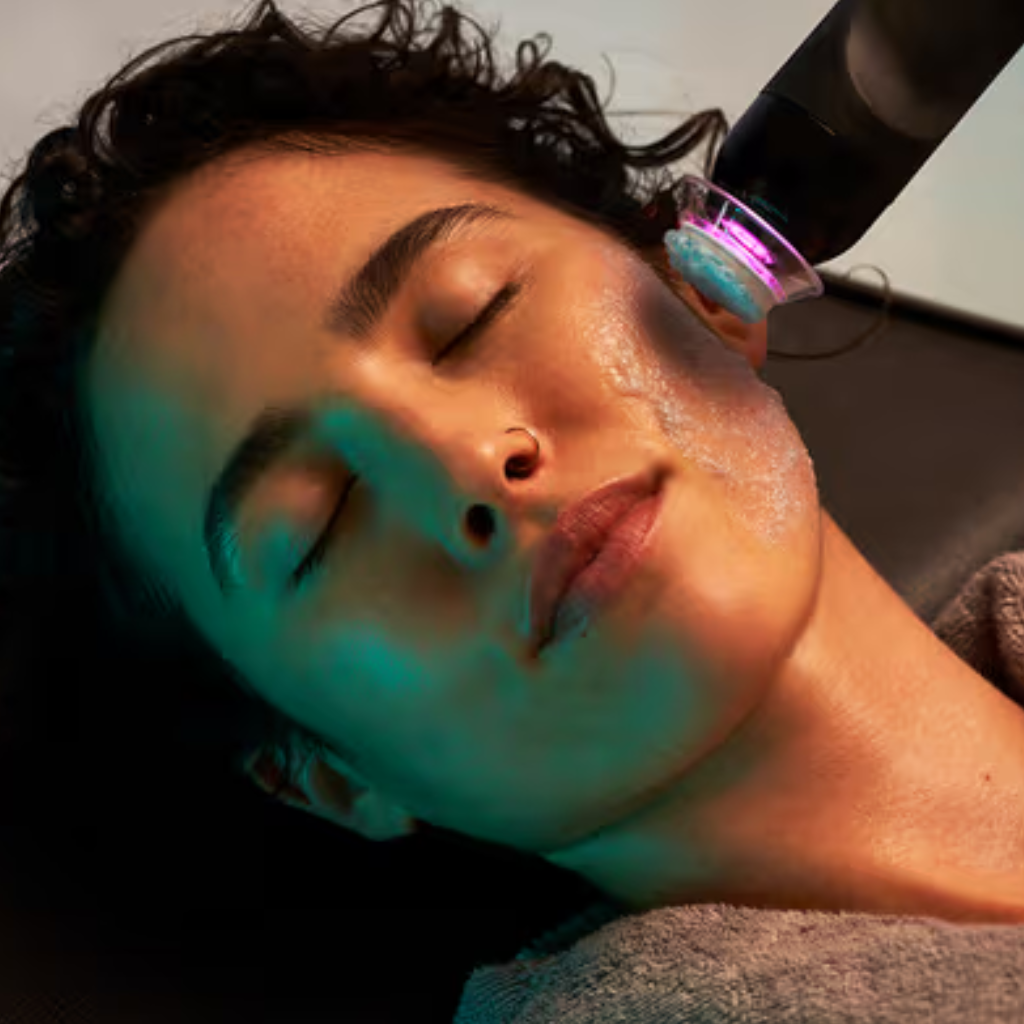 Woman receiving a facial skin treatment with a handheld device emitting pink light on her cheek.