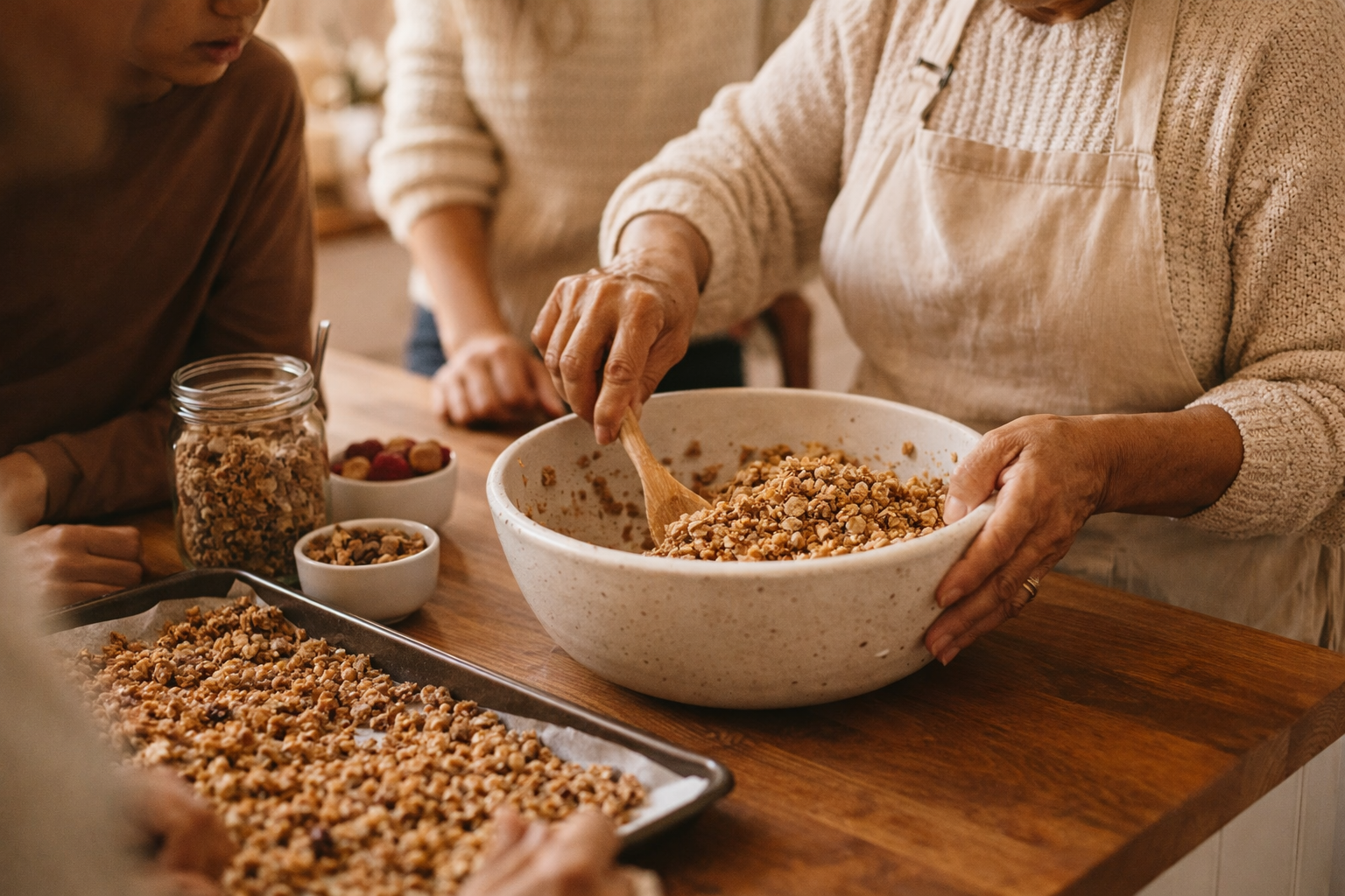 Abuela with family mixing granola in a large bowl with wooden spoon.