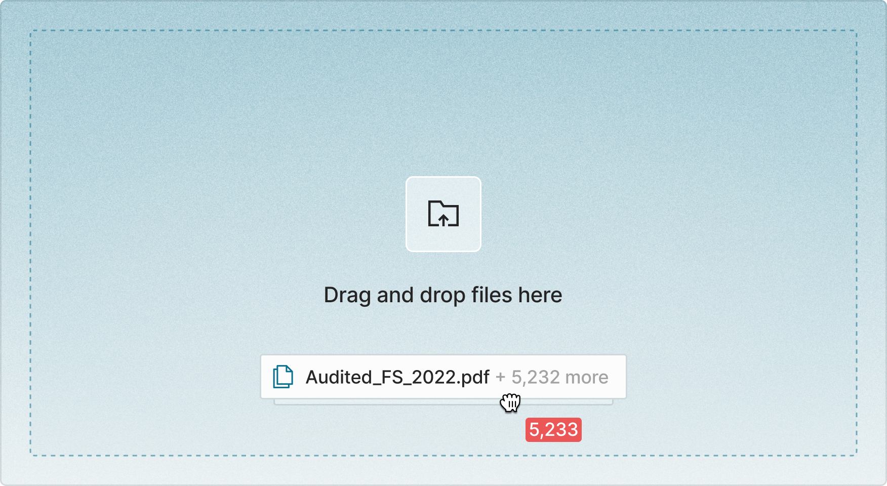 File upload interface showing a drag and drop area with a file named Audited_FS_2022.pdf and a message indicating 5,232 more files.