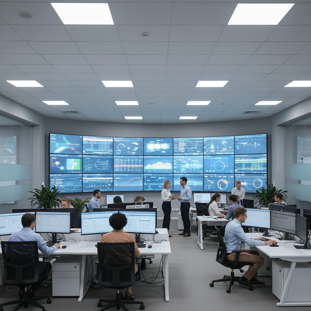Operations team in a modern control room viewing a large wall of dashboards, representing a white label client portal as an ops control tower.