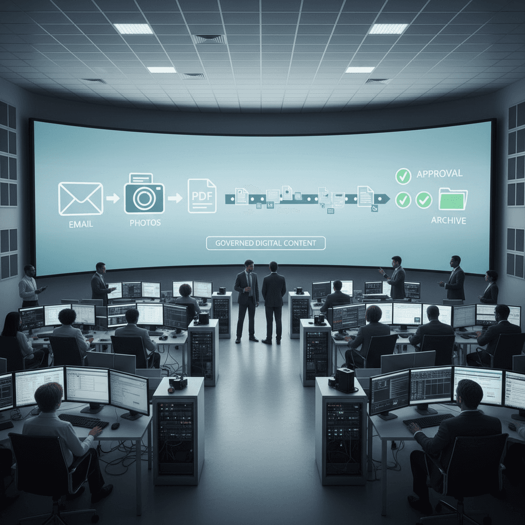 Digital content workflow pipeline consolidating email, PDFs, and photos into a governed track