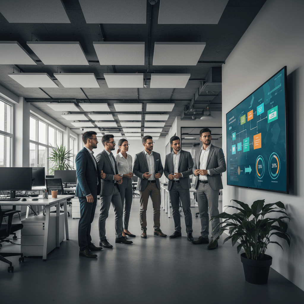 B2B operations team standing around a large screen showing an abstract marketing automation workflow for onboarding
