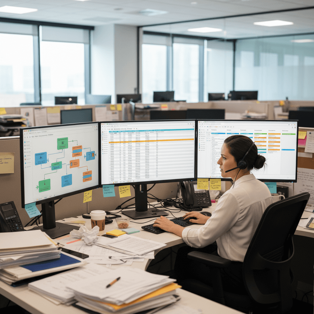 Operations manager at a desk surrounded by multiple monitors and paperwork, illustrating chaotic B2B onboarding across tools