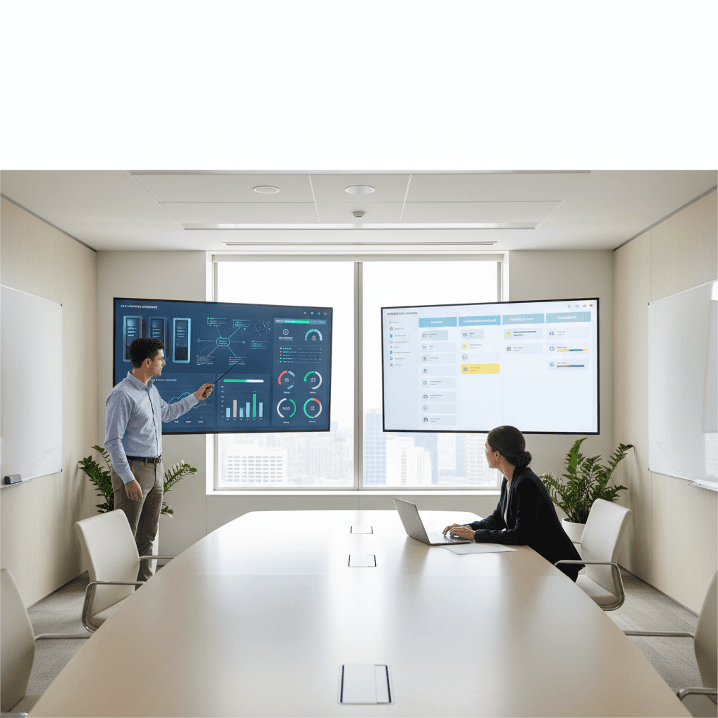 IT and operations teammates comparing infrastructure monitoring dashboards with workflow boards