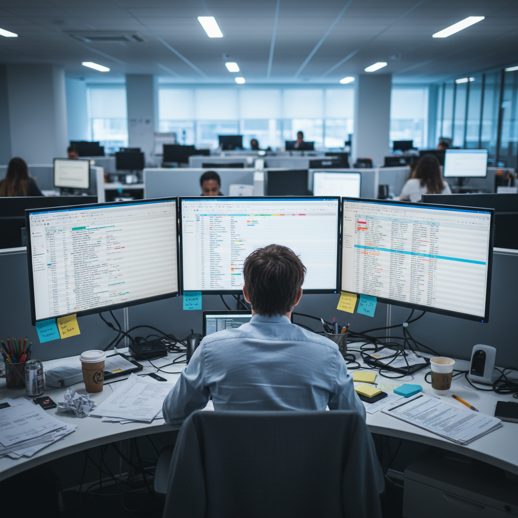 Operations coordinator surrounded by chaotic email inboxes and spreadsheets from unmanaged web form fills