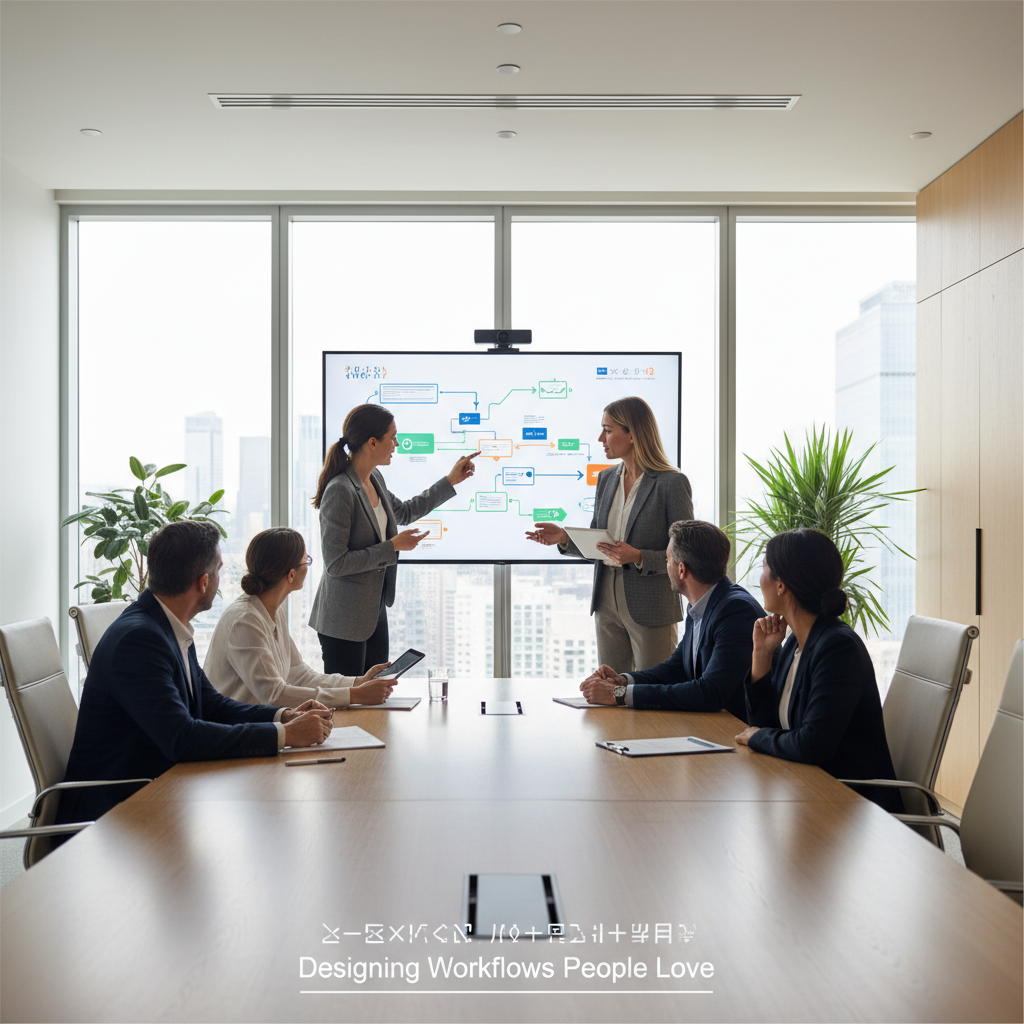 Cross-functional team planning an email automation workflow on a large screen