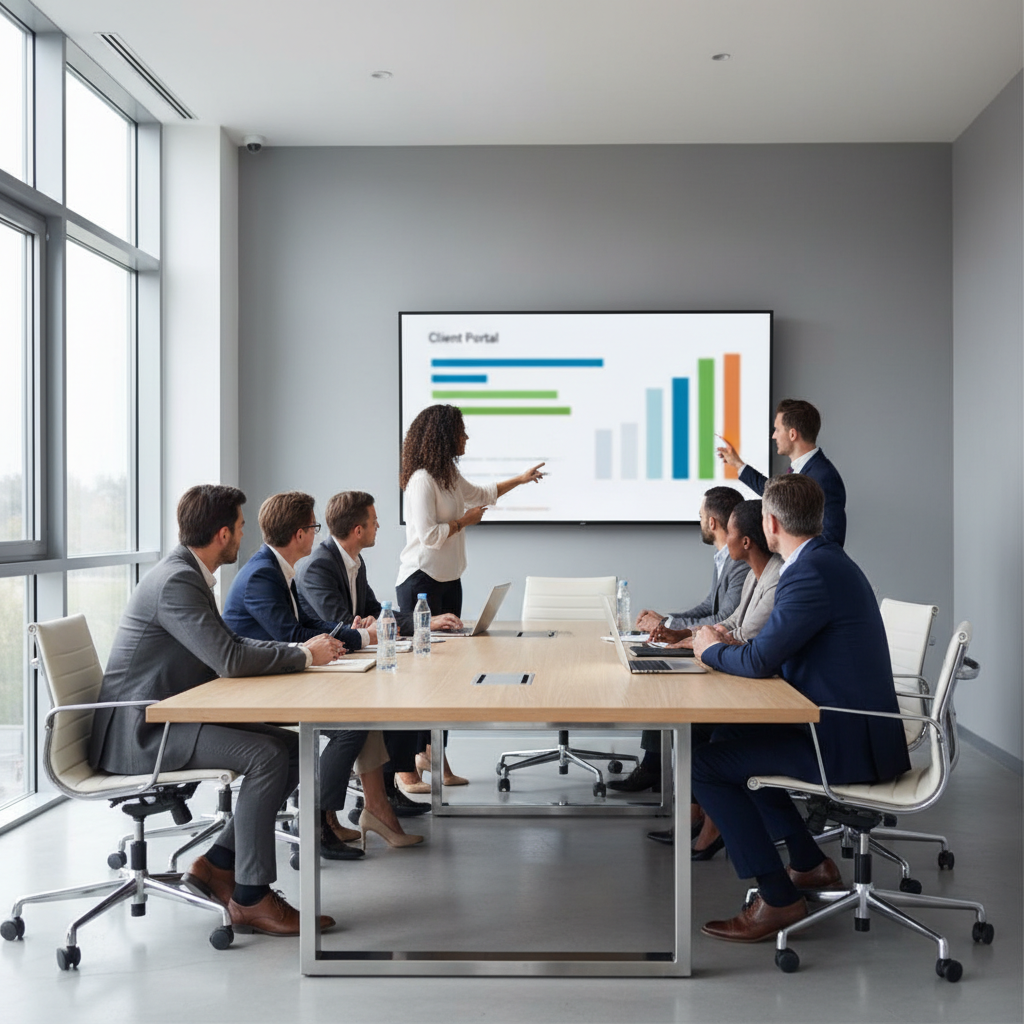 Team reviewing a branded client portal dashboard on a large screen in a modern office