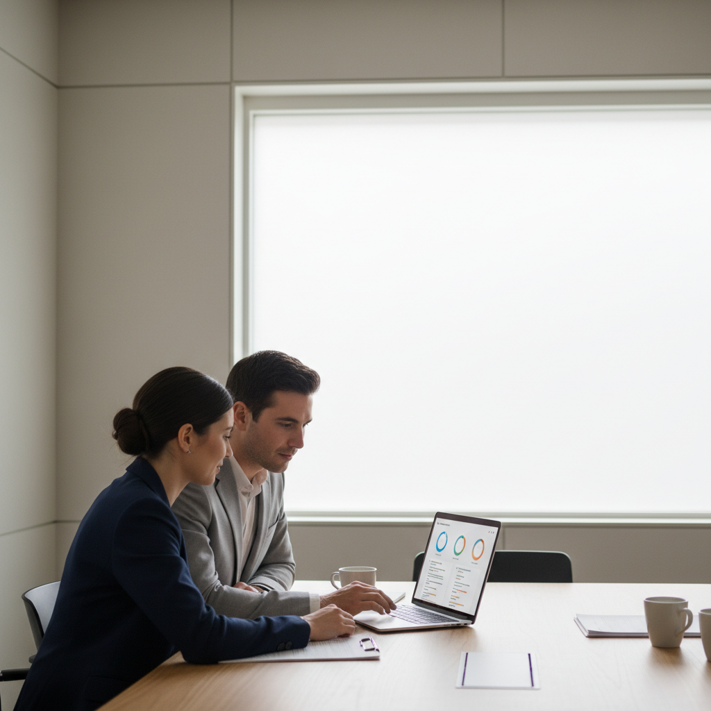 Client and account manager looking at a laptop with a branded client portal dashboard