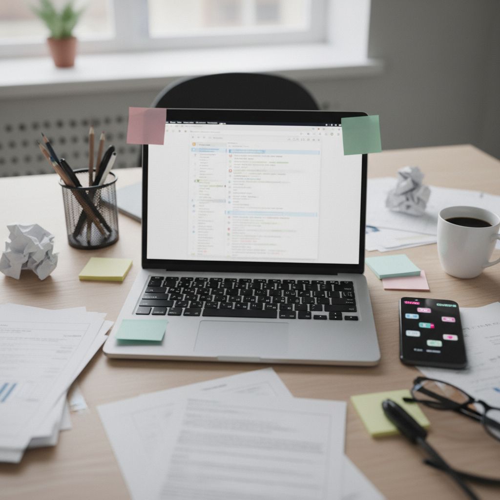 Cluttered desk with laptop and phone illustrating status-update email overload