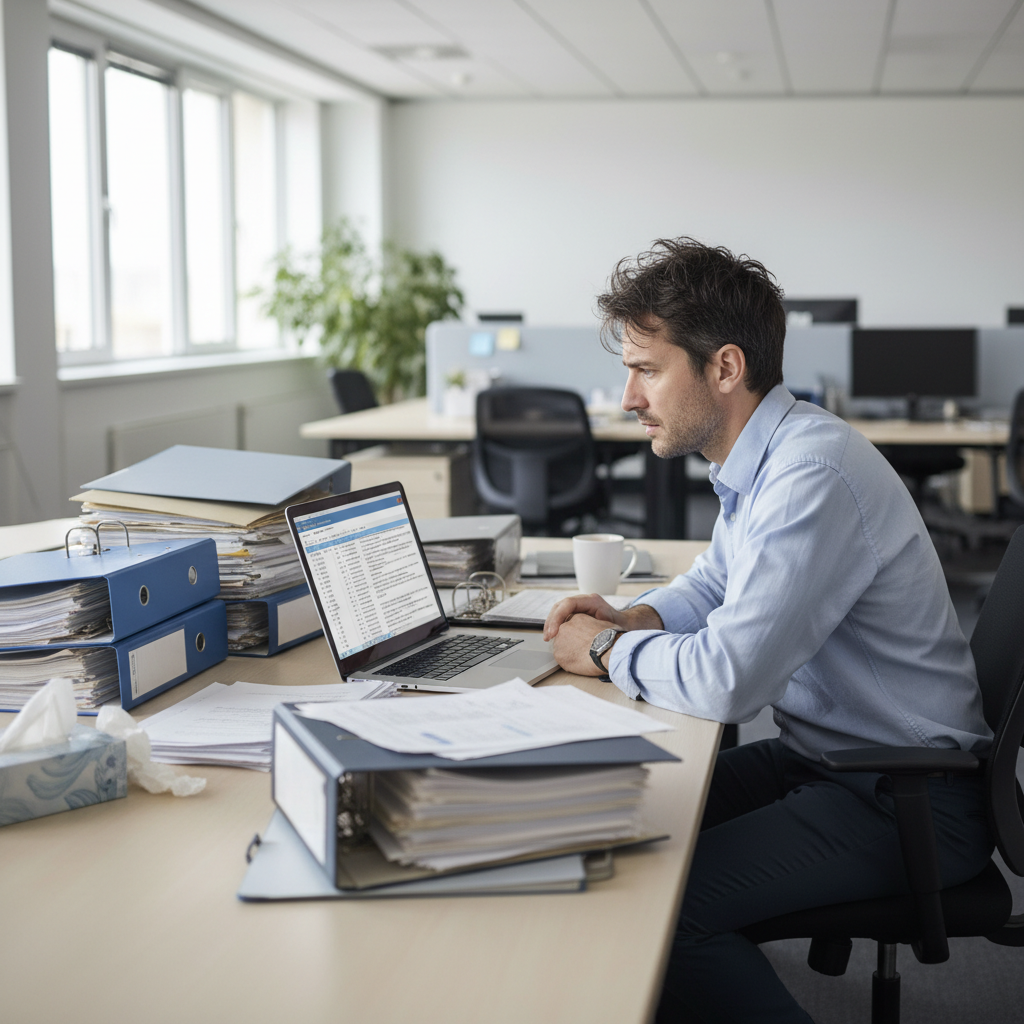 Operations manager surrounded by paperwork and an overloaded email inbox
