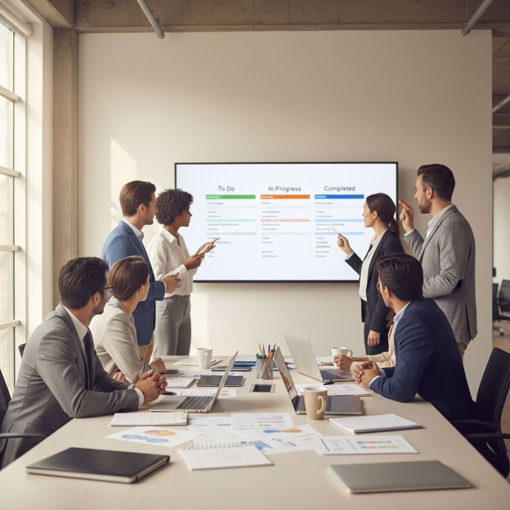 Operations team reviewing a digital content workflow dashboard in a modern office