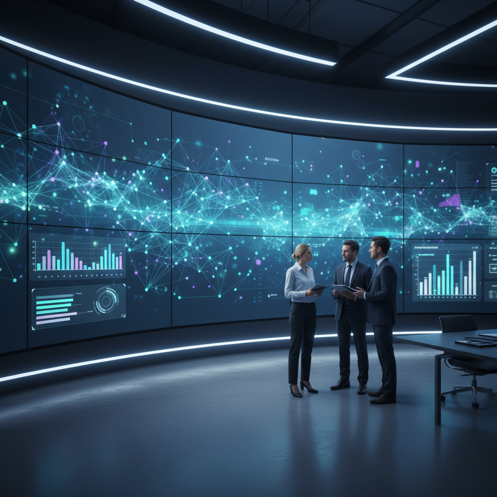 Team in a modern control room reviewing AI-assisted workflow dashboards