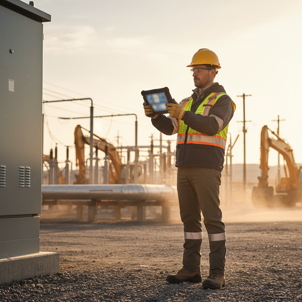 Field technician using a tablet to capture job details at an industrial site