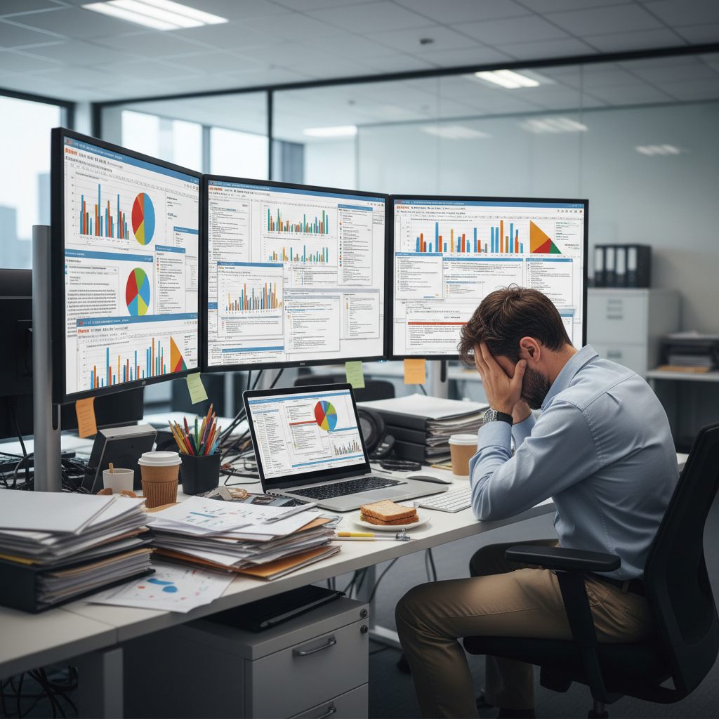 Operations manager overwhelmed by multiple screens of email and spreadsheets