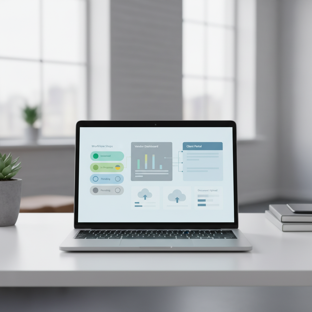 Laptop displaying an abstract vendor and client portal workflow interface
