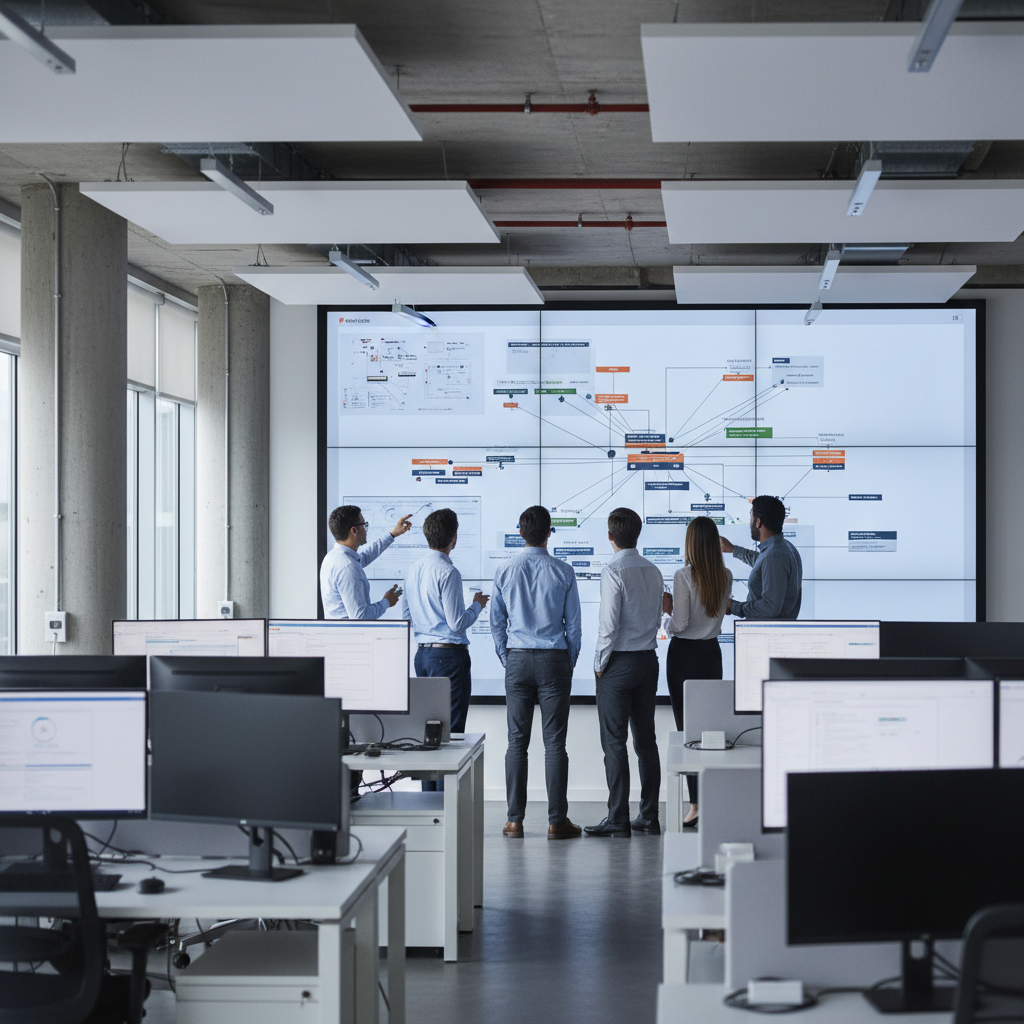 Operations team collaborating around a large screen showing workflow dashboards