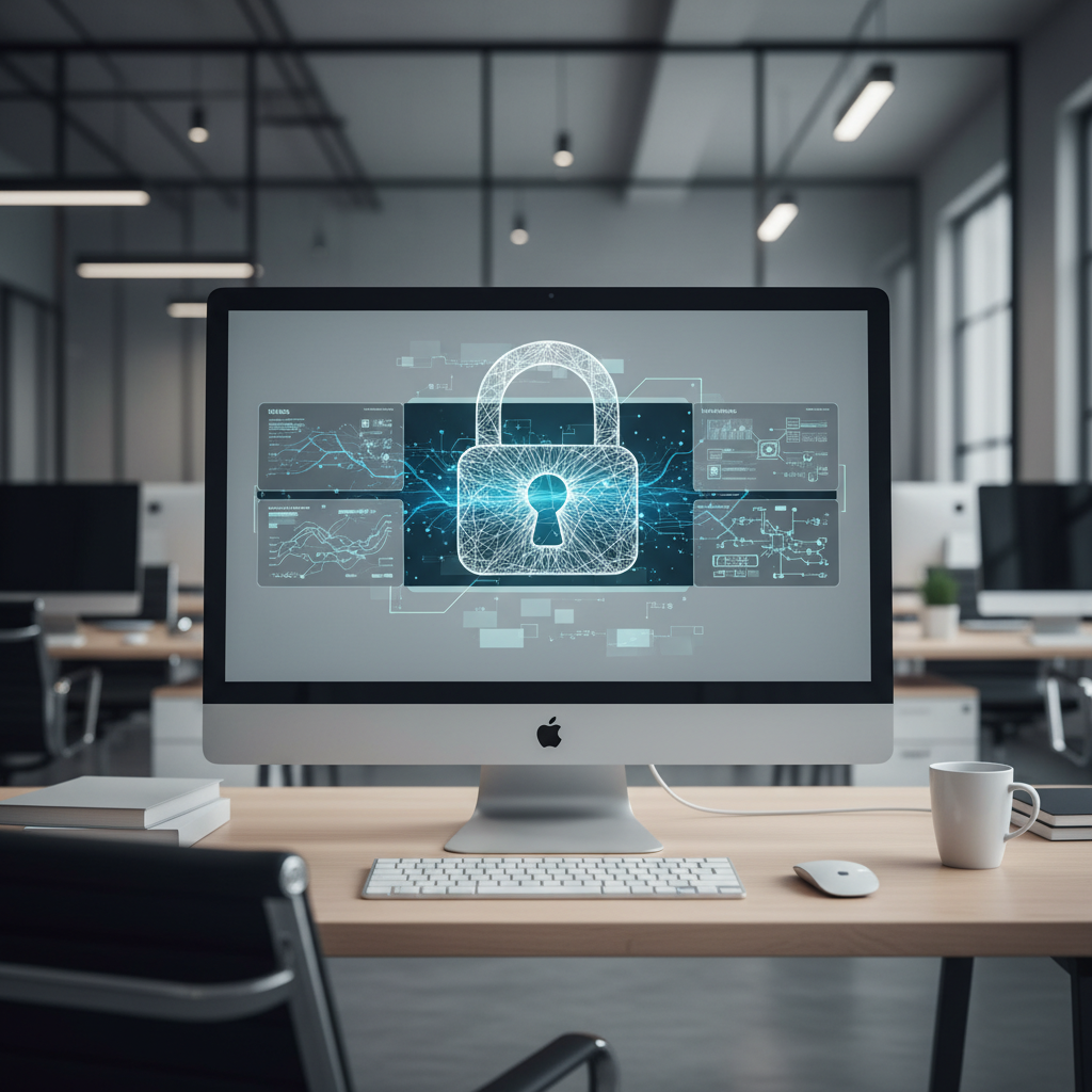 Office workstation with screen showing secure data dashboards and a padlock icon