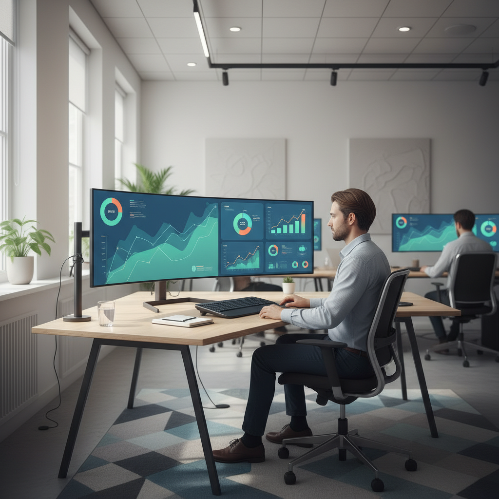 Professional reviewing a screen with graphs and KPI dashboards improving over time