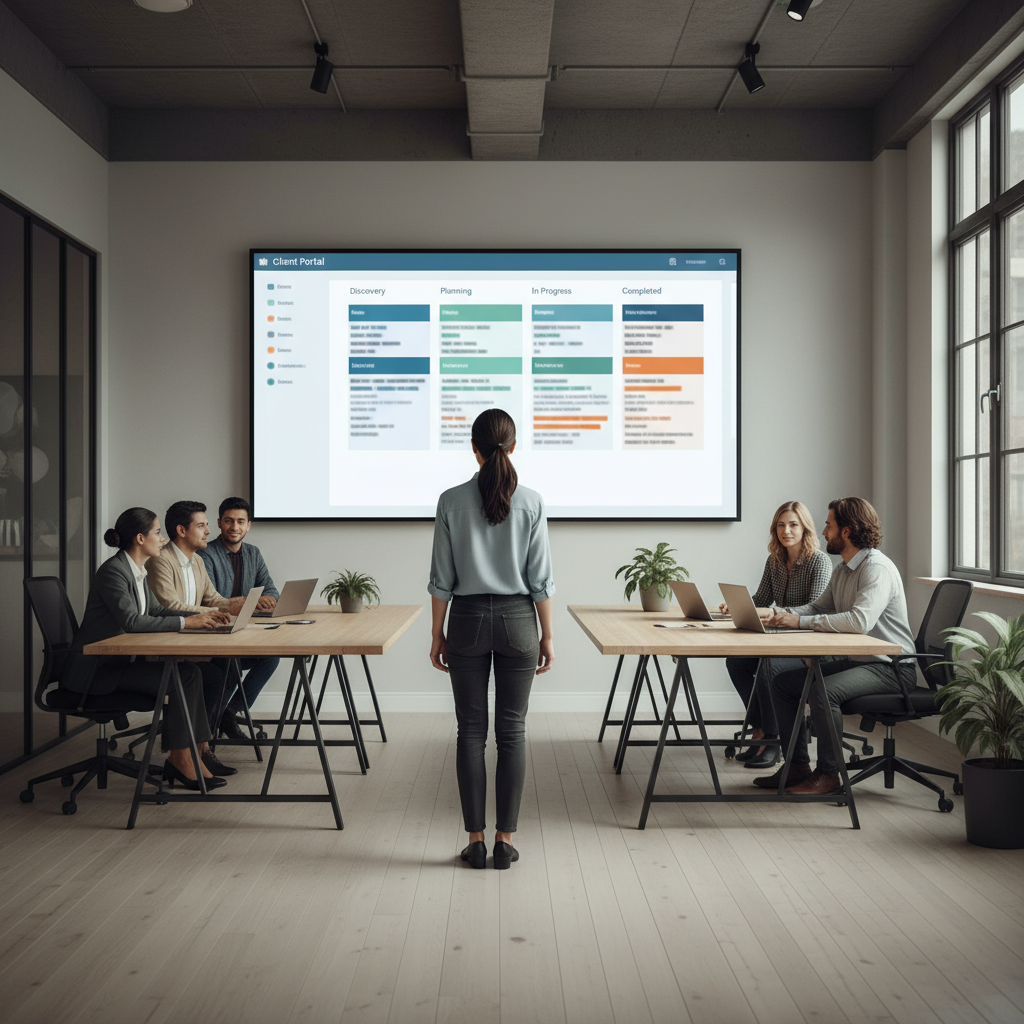 Operations leader viewing a client portal dashboard on a large screen in a modern office