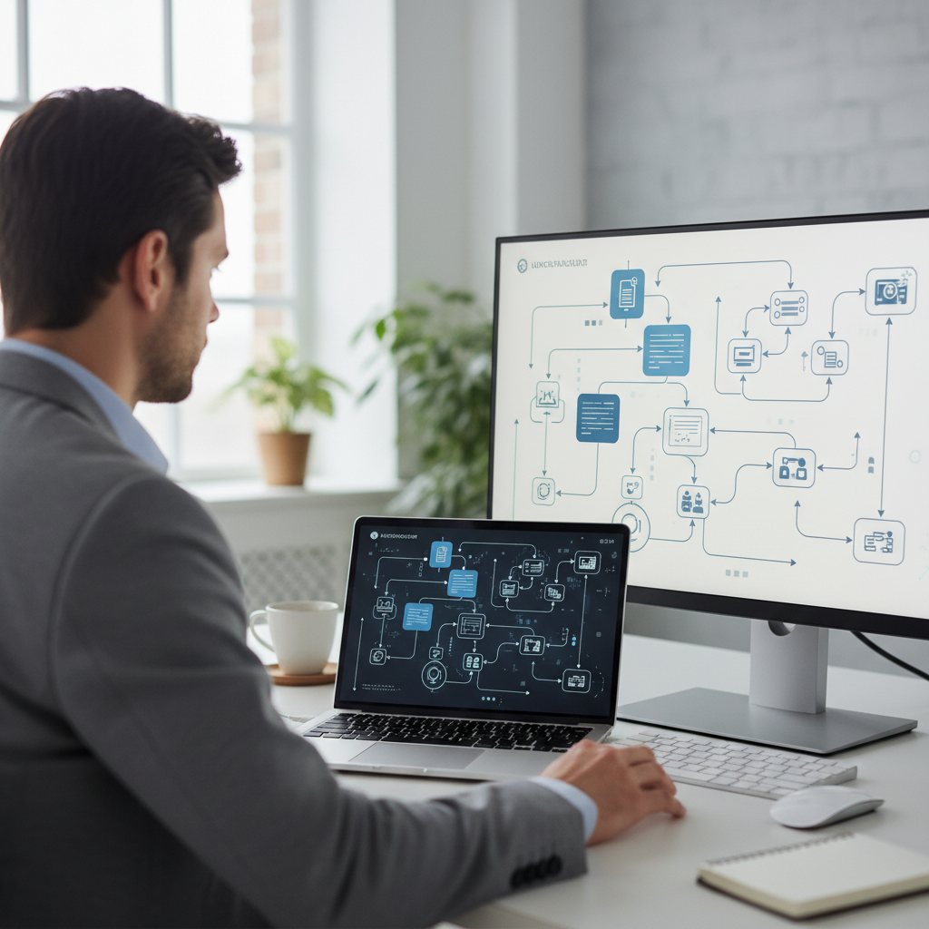 Professional configuring workflow automation on a laptop and external monitor