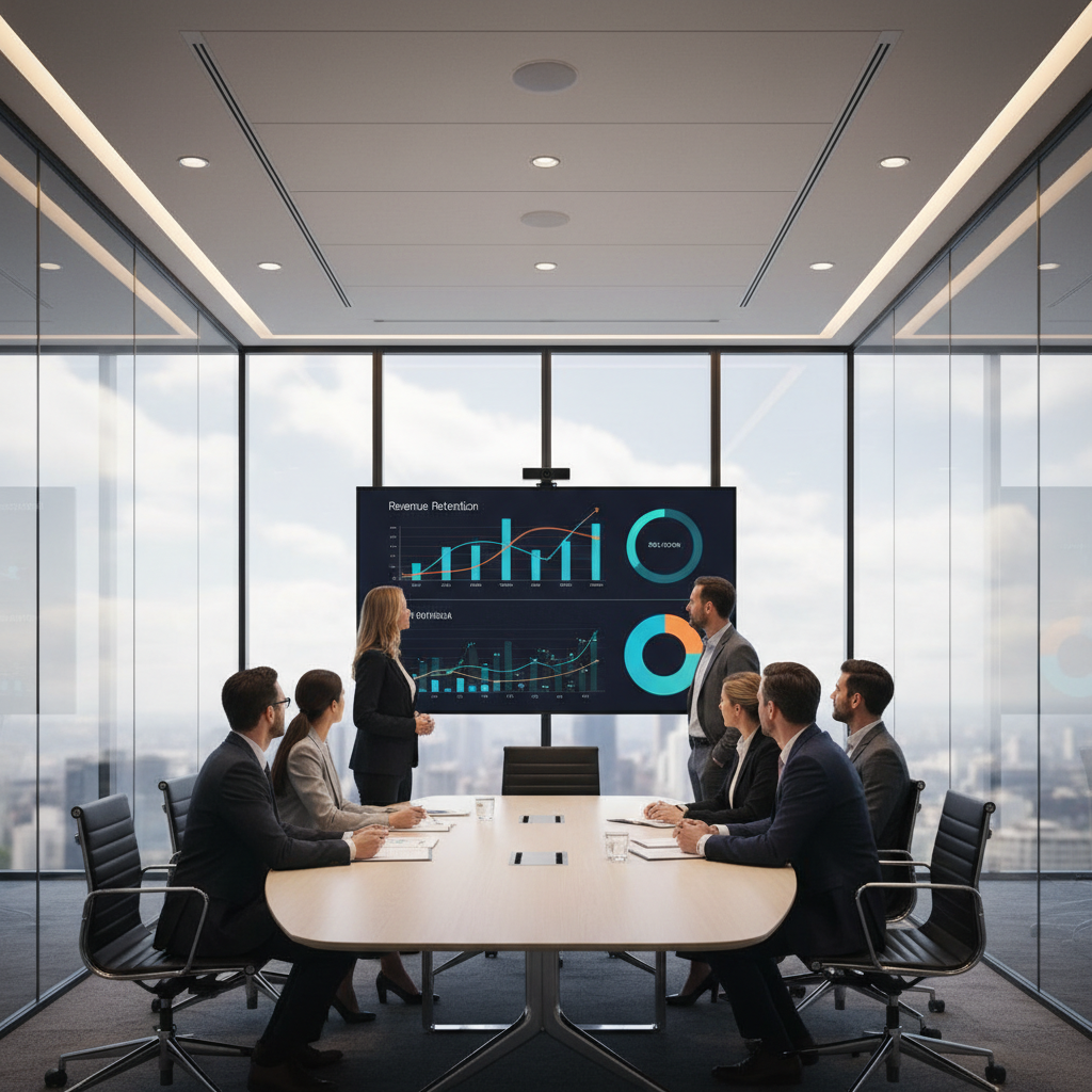 Operations leadership team reviewing gross retention vs net retention metrics on a large screen in a conference room