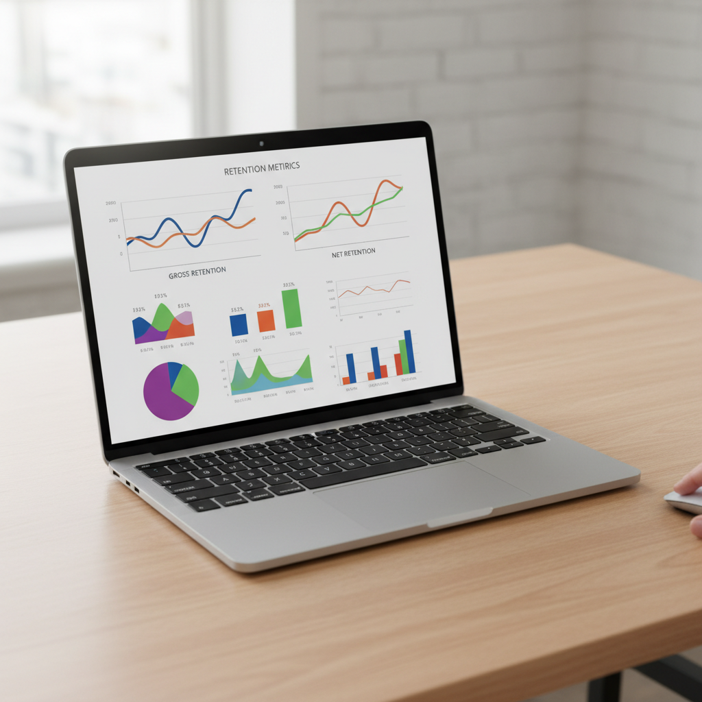 Laptop displaying abstract financial dashboards comparing gross retention vs net retention charts