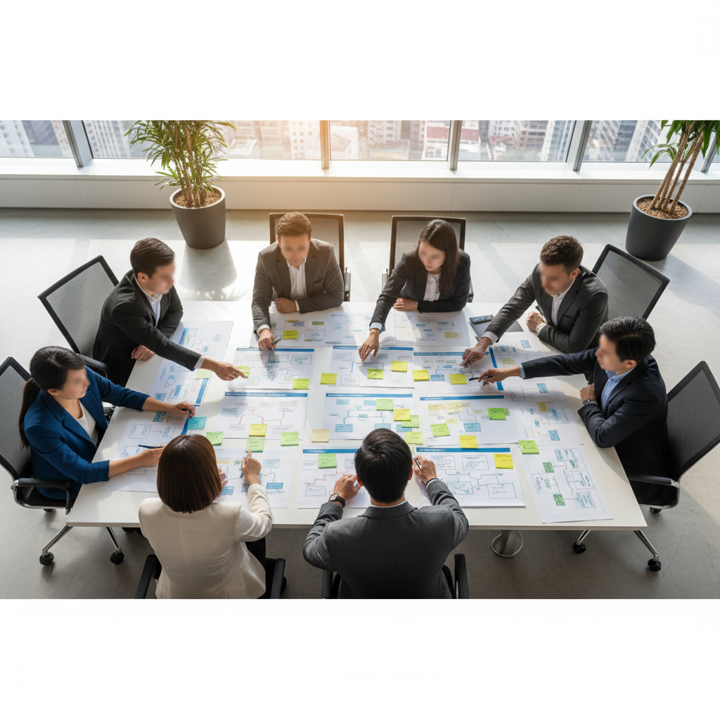 Cross-functional operations team mapping workflows and customer journeys on a table