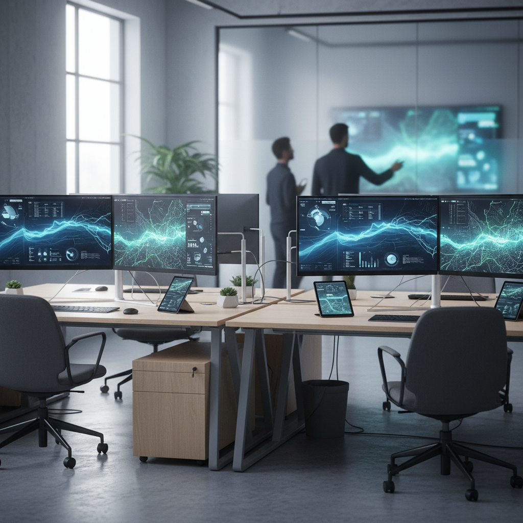 Modern office workspace with connected screens illustrating AI-powered workflows monitoring field churn
