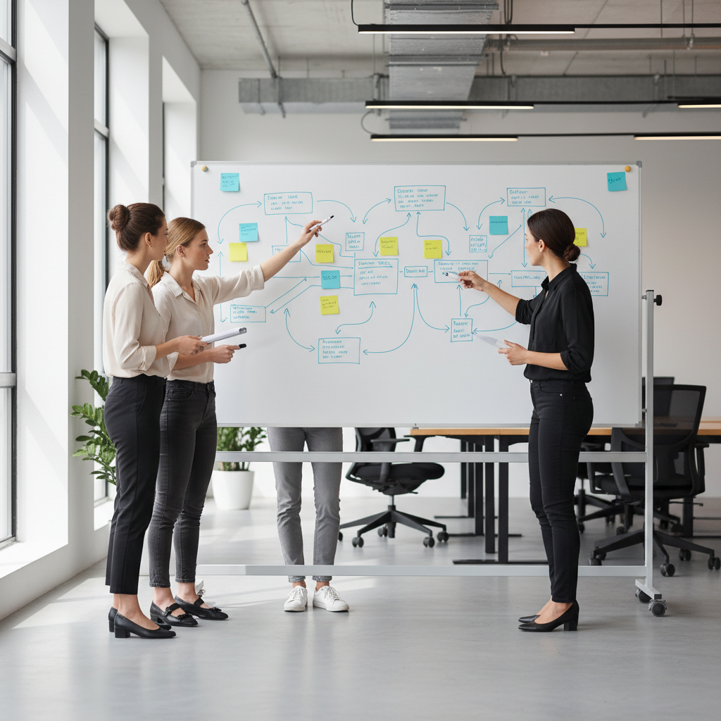 Team mapping a client workflow on a whiteboard in a modern office