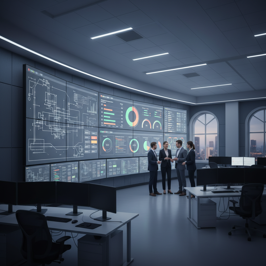 Engineering-focused team reviewing technical project dashboards on large screens