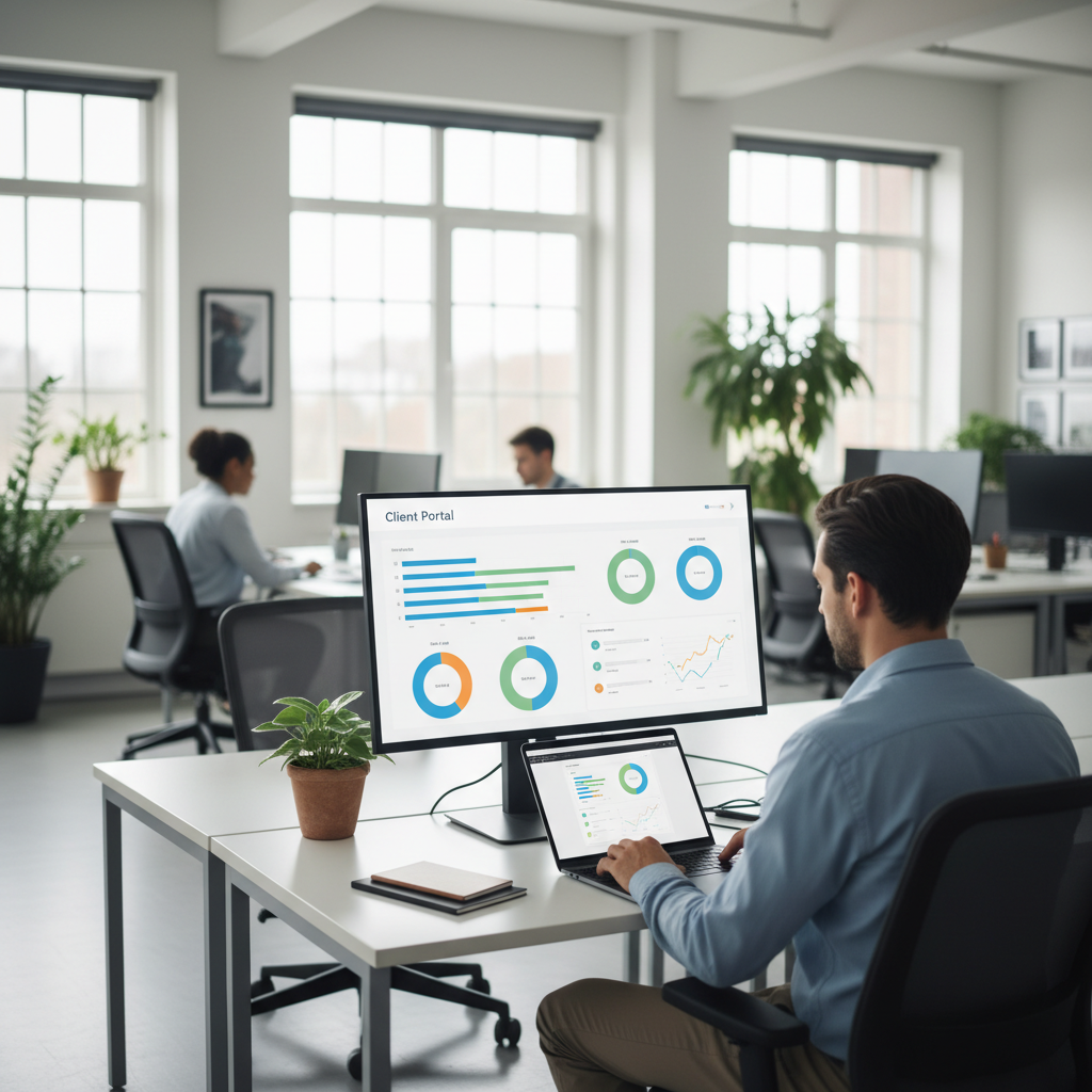 Professional viewing a client portal status dashboard on a large monitor