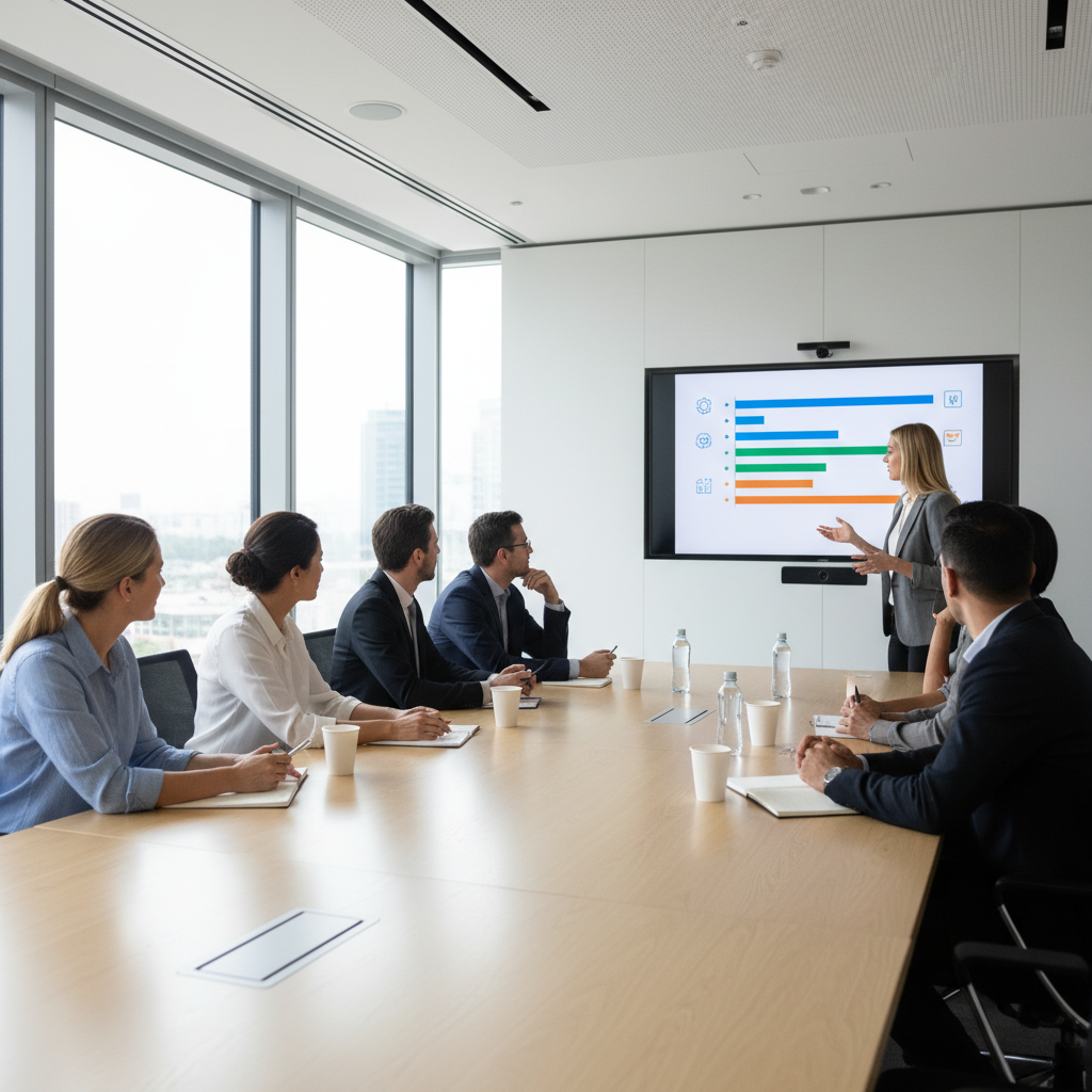 B2B operations team reviewing a shared project status dashboard in a modern office