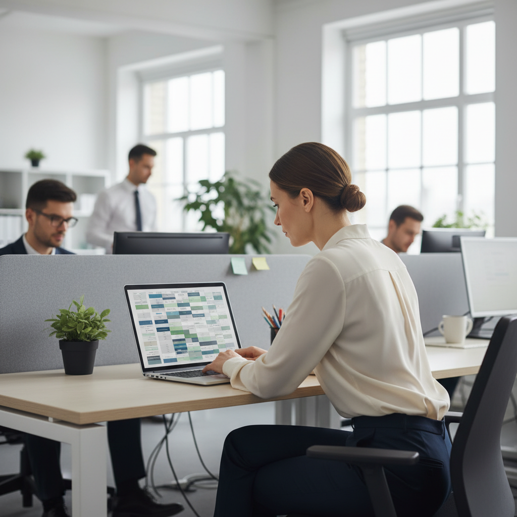 Analyst reviewing an approval matrix for vendor SLAs on a laptop screen in a modern office