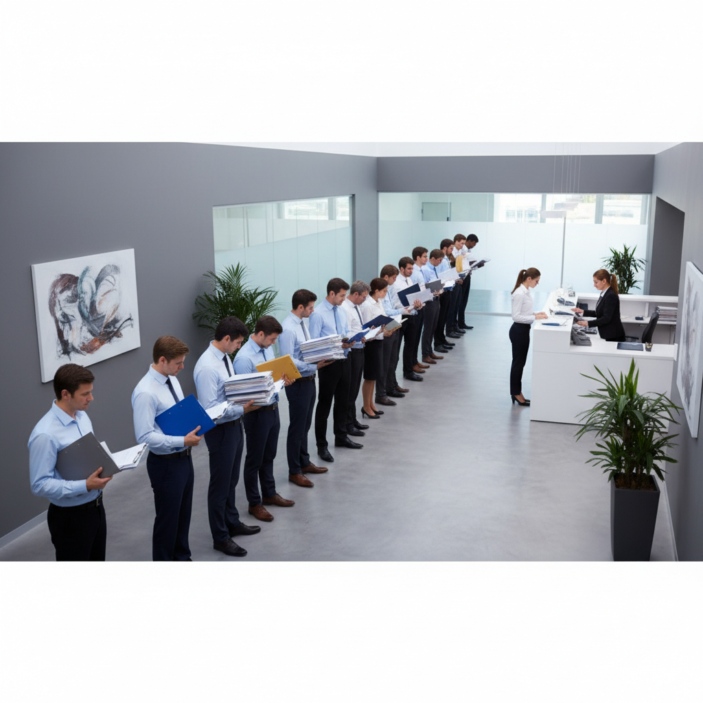 Office workers waiting in line with documents, symbolizing stalled approvals and vendor SLA bottlenecks