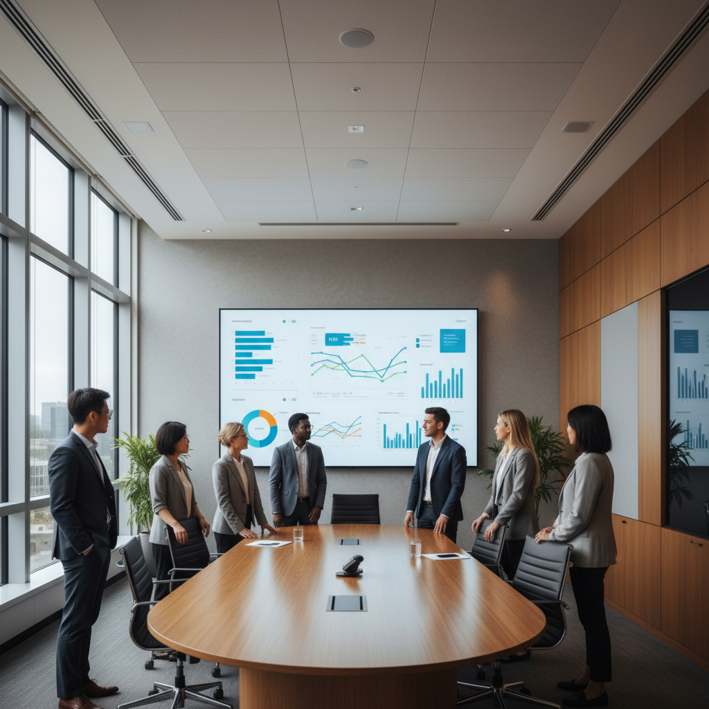Operations team reviewing vendor SLA dashboards and approval matrix performance in a conference room