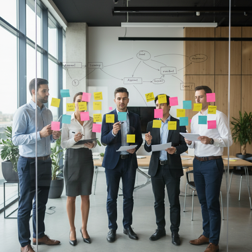 Cross-functional team mapping approval workflows on a board during an approval matrix workshop
