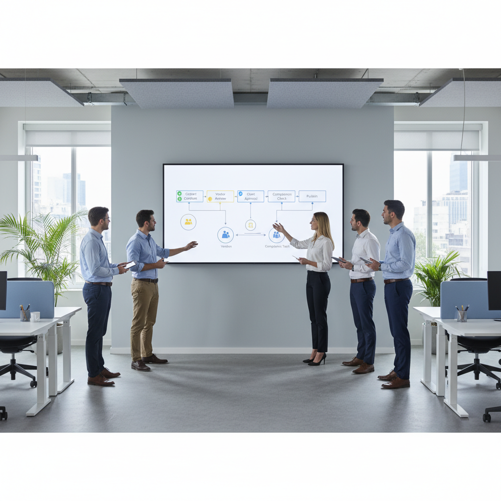 Operations team reviewing a shared content approval workflow dashboard on a large screen