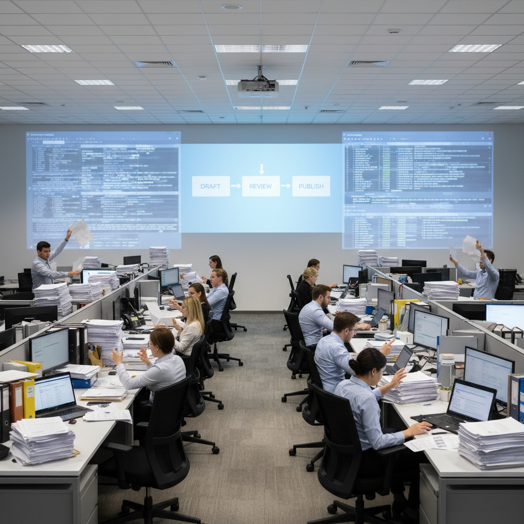 Office workers surrounded by documents and screens contrasted with a unified workflow view