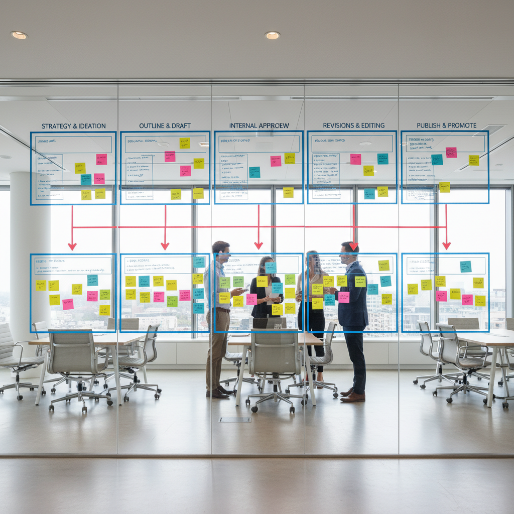 Team standing around a whiteboard mapping a multi-stage content approval workflow