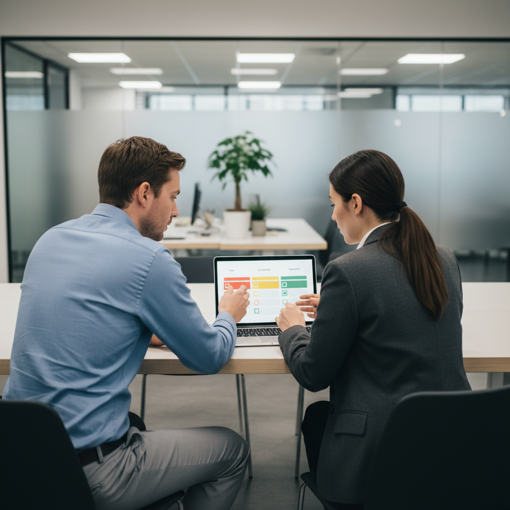 Vendor and internal operations lead viewing a shared portal-style dashboard on a laptop