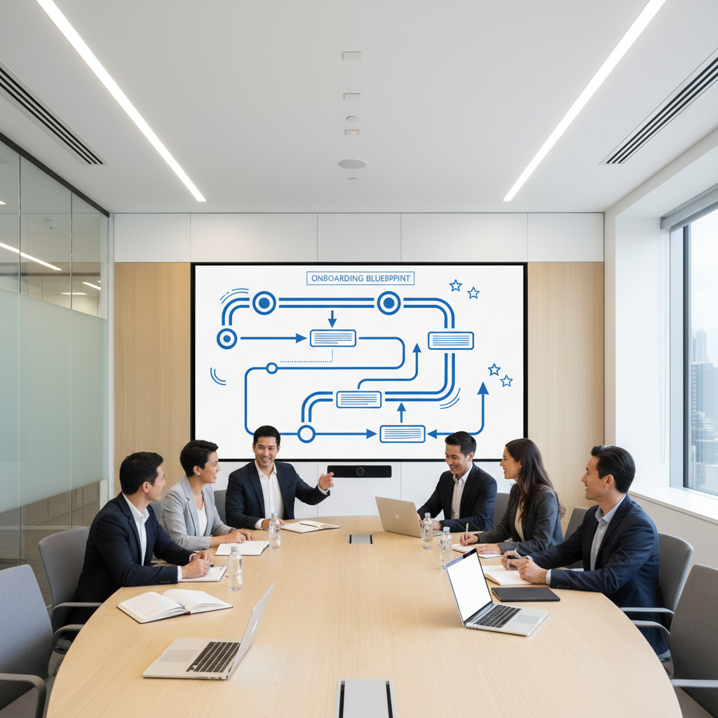 Team collaborating around a screen that shows a critical path onboarding blueprint