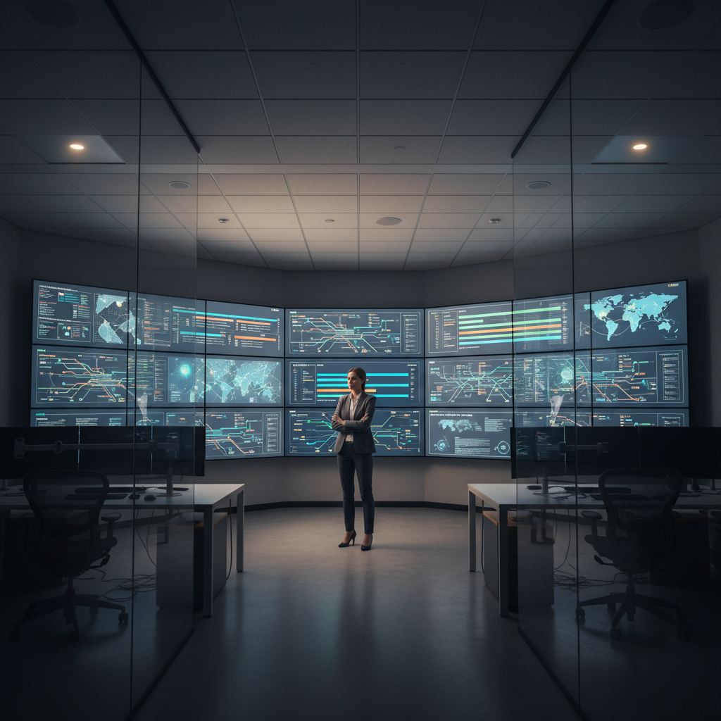 Operations leader viewing large screens that map the critical path to onboard customers faster