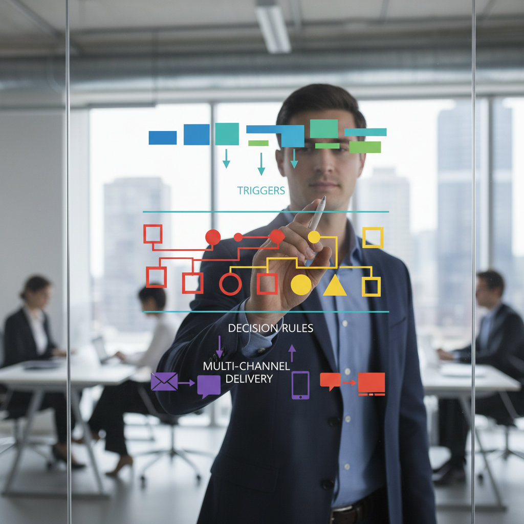 Business professional presenting a layered client outreach workflow diagram