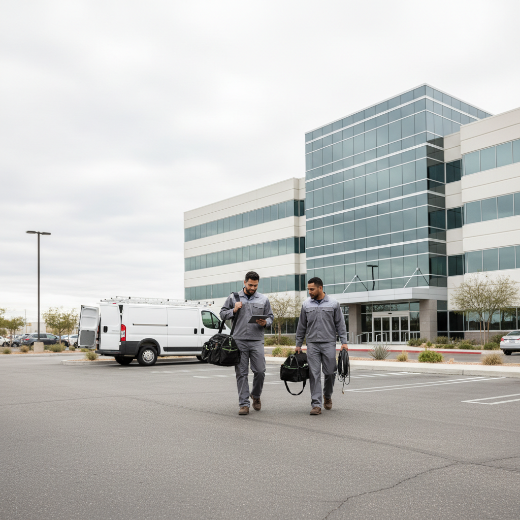 Field technicians arriving at a commercial site for an installation visit