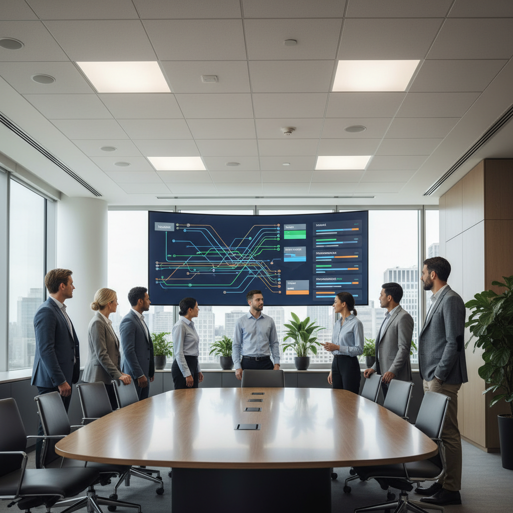 B2B operations team reviewing client outreach workflows on a large status screen