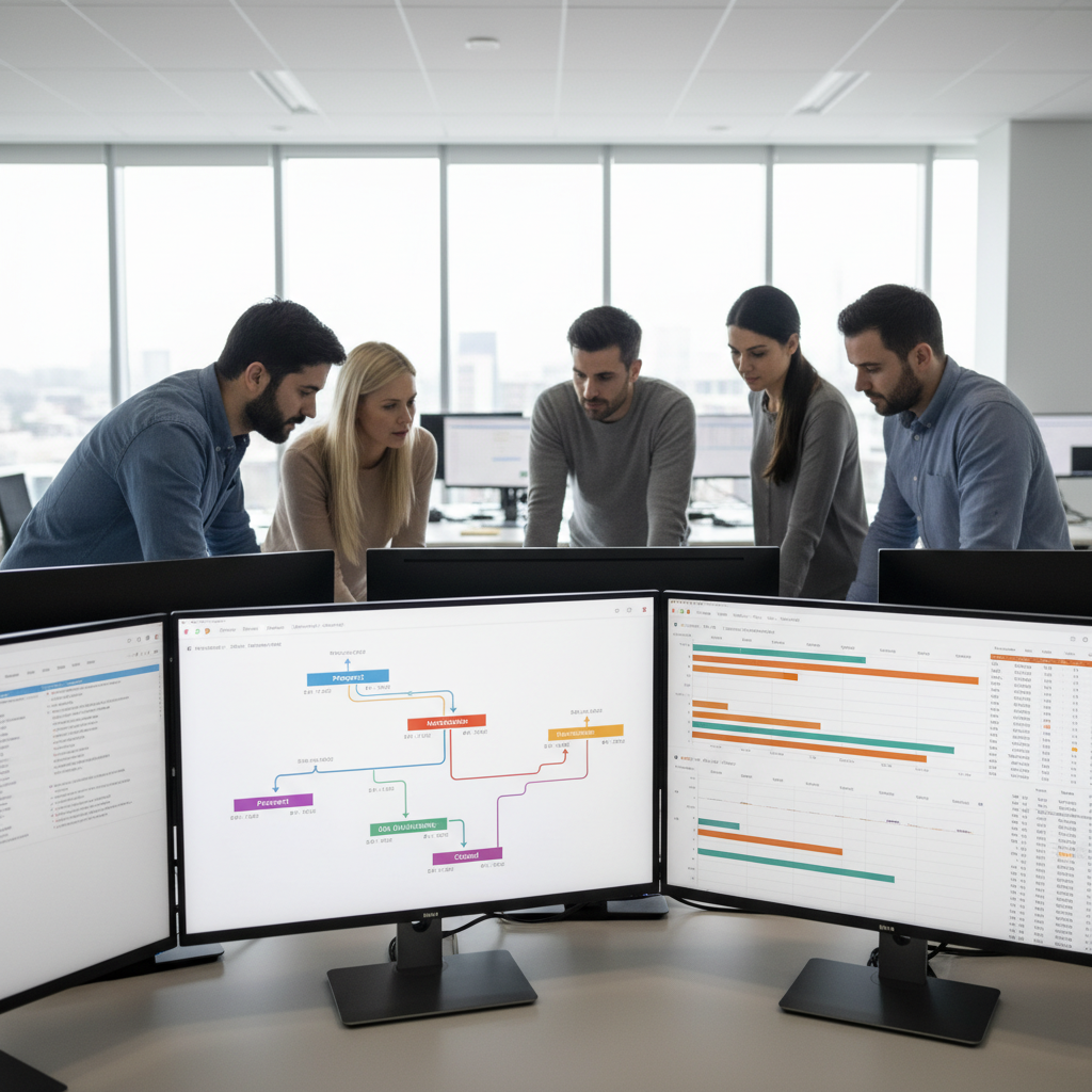 Operations team in a modern real estate office collaborating around screens with automated deal pipelines